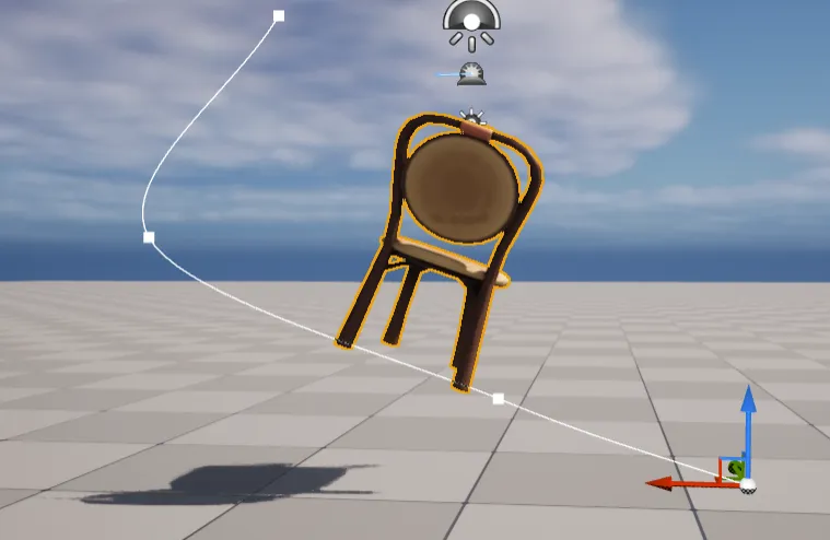 A static mesh sitting on its editable spline in the Unreal Engine level viewport, with the spline points visible