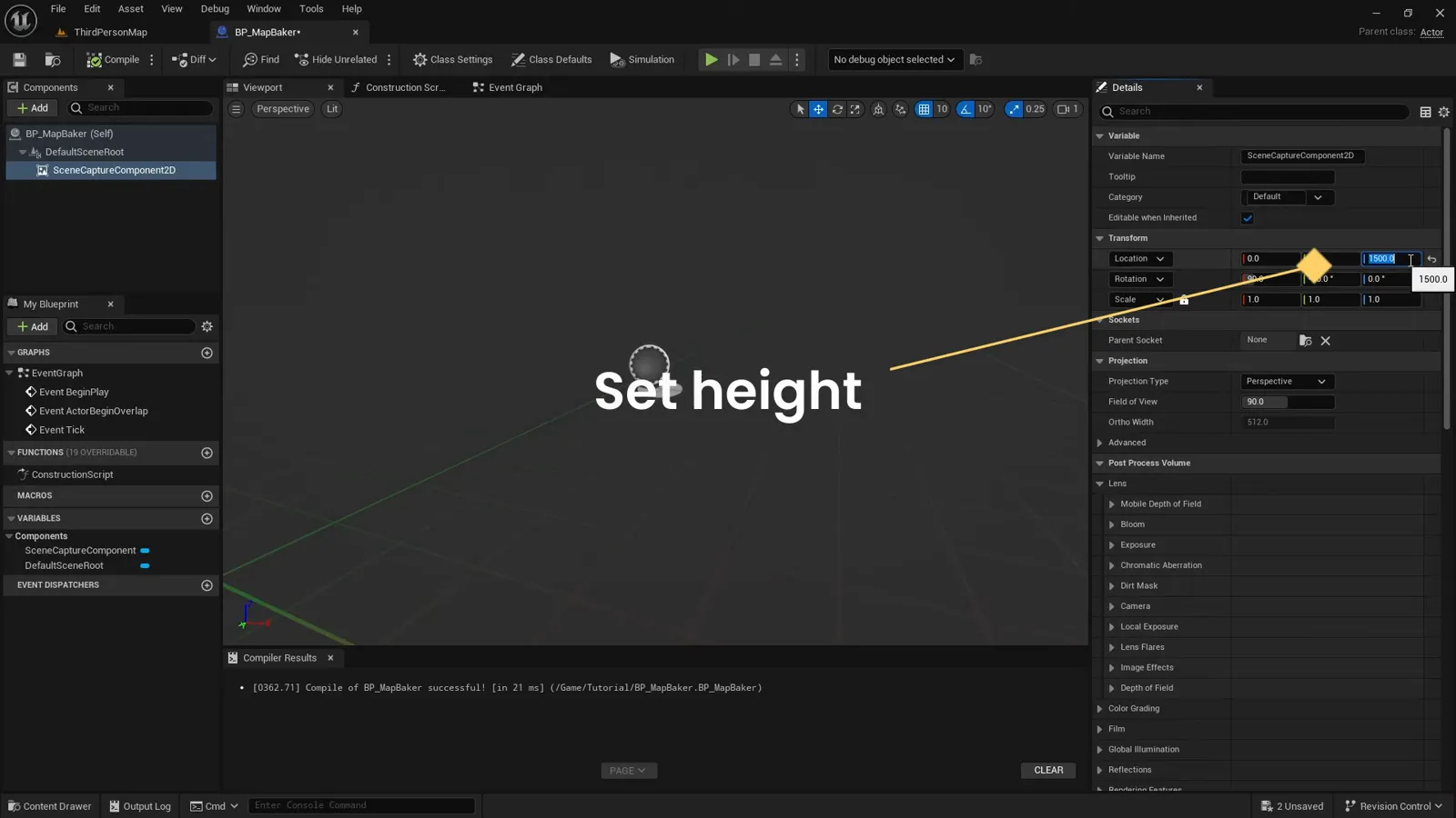 Setting the height of the scene capture component in the Unreal Blueprint details panel