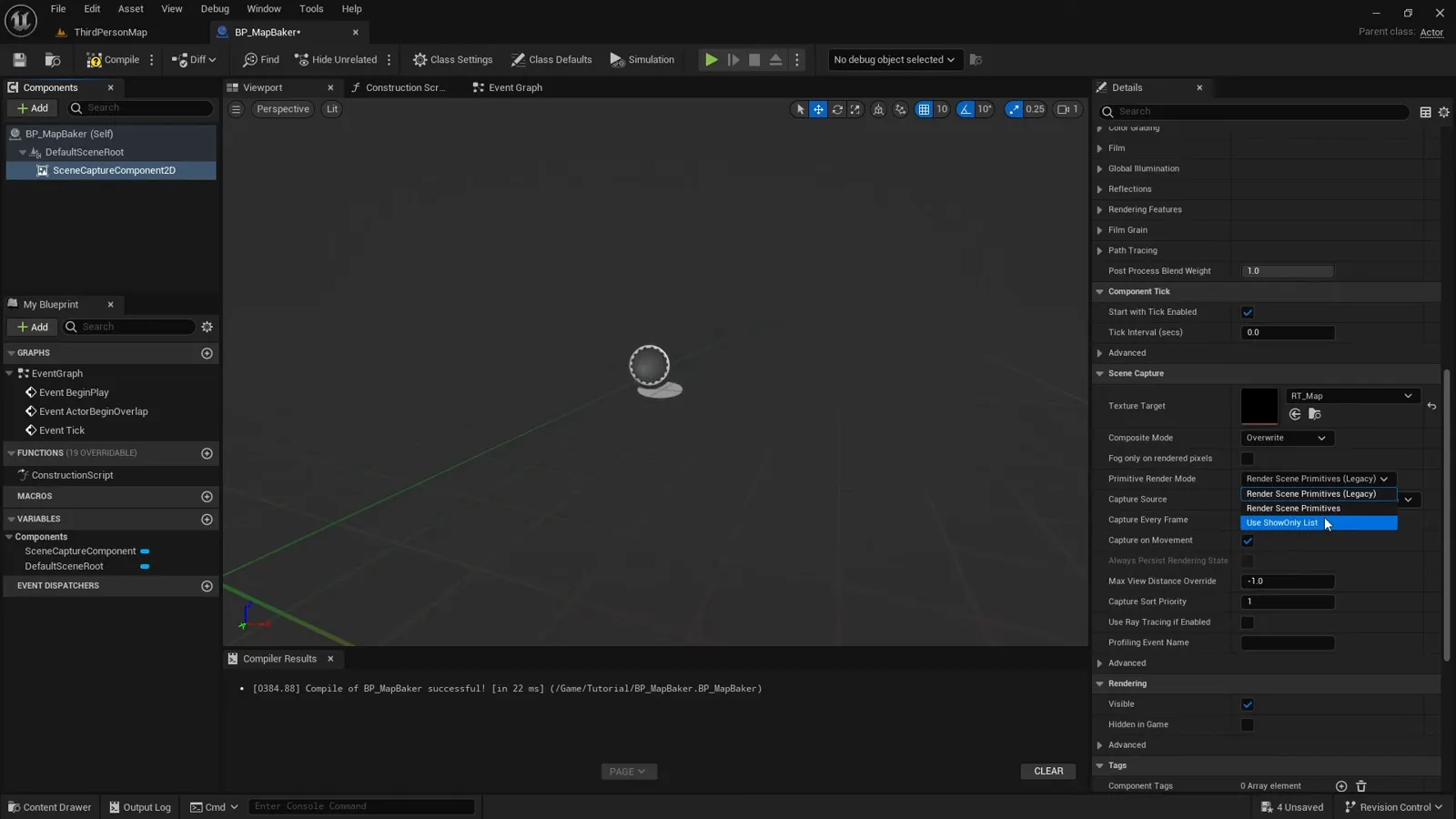 The scene capture component settings showing capture source set to final color LDR and the primitive render mode dropdown