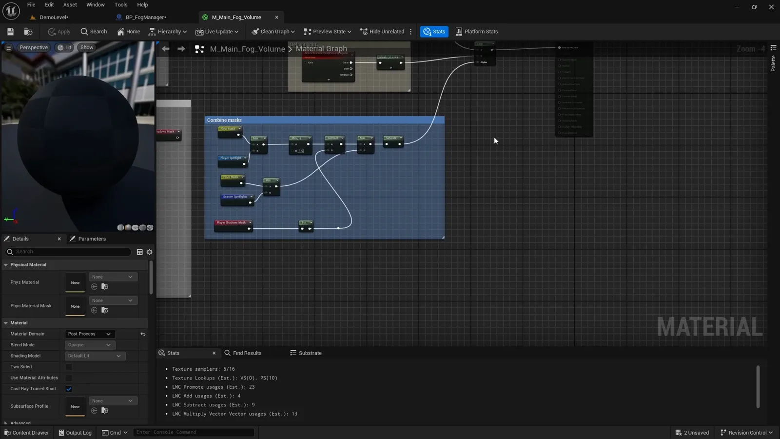 The fog of war mask combination group in the Unreal Engine material editor