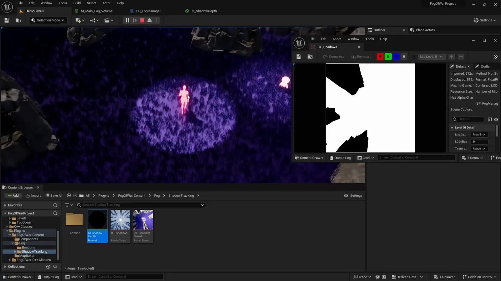 The game running with the render target preview showing a black-and-white mask: white where the player can see, black where the cliffs cast shadow
