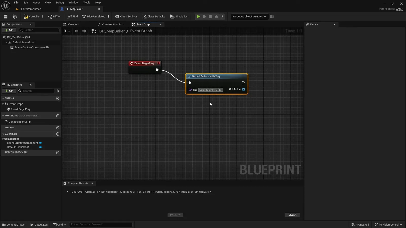 The baker Blueprint finding the floor actor by tag and adding it to the scene capture show only list