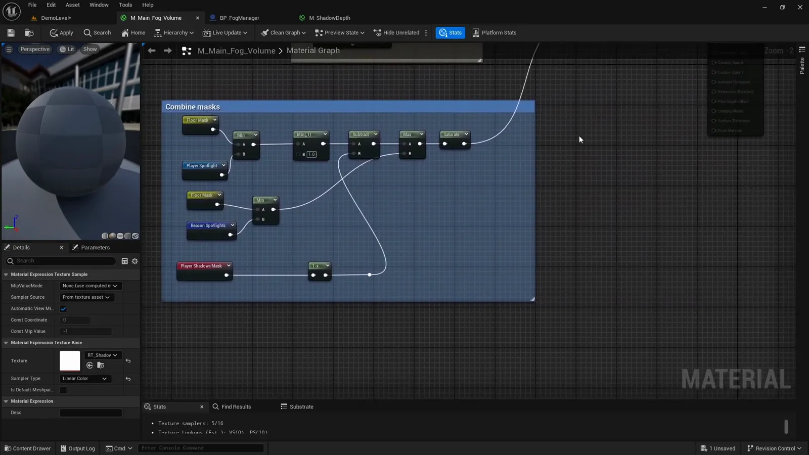 The combine masks graph inverting the cliff shadow mask and subtracting it from the player spotlight