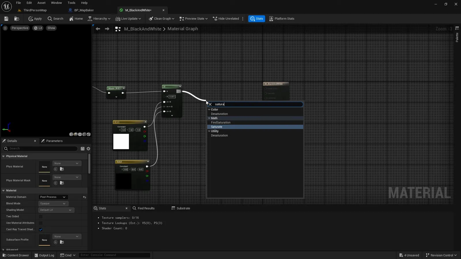 A post-process material graph using a scene texture node, an if node, and a saturate node to output a black-and-white mask