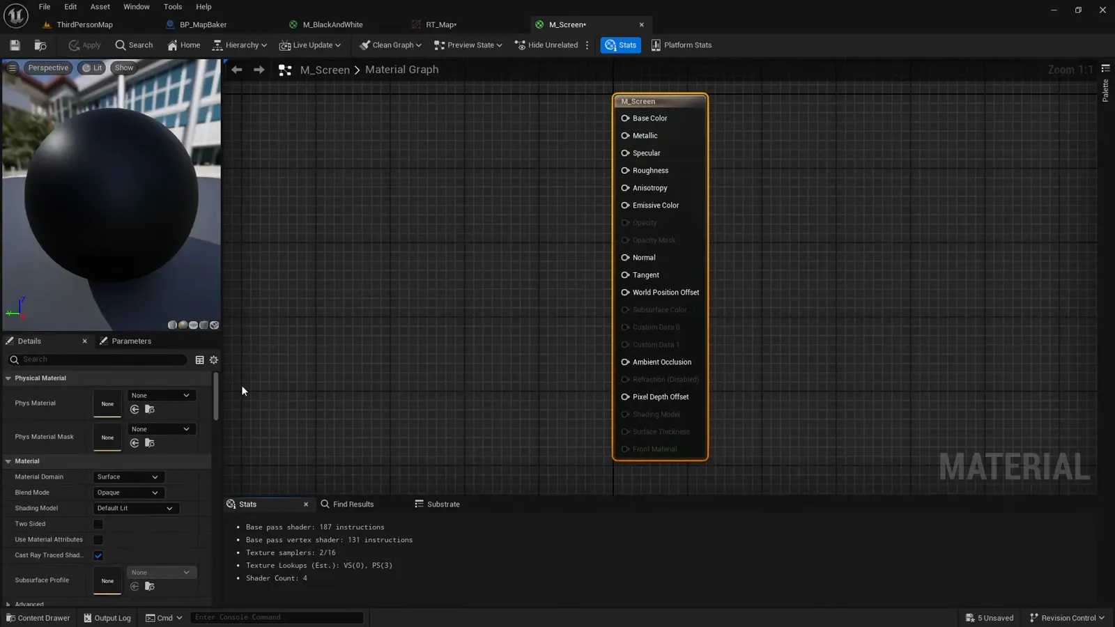 A simple unlit material with a texture sample node, used to display the render target on an in-level screen