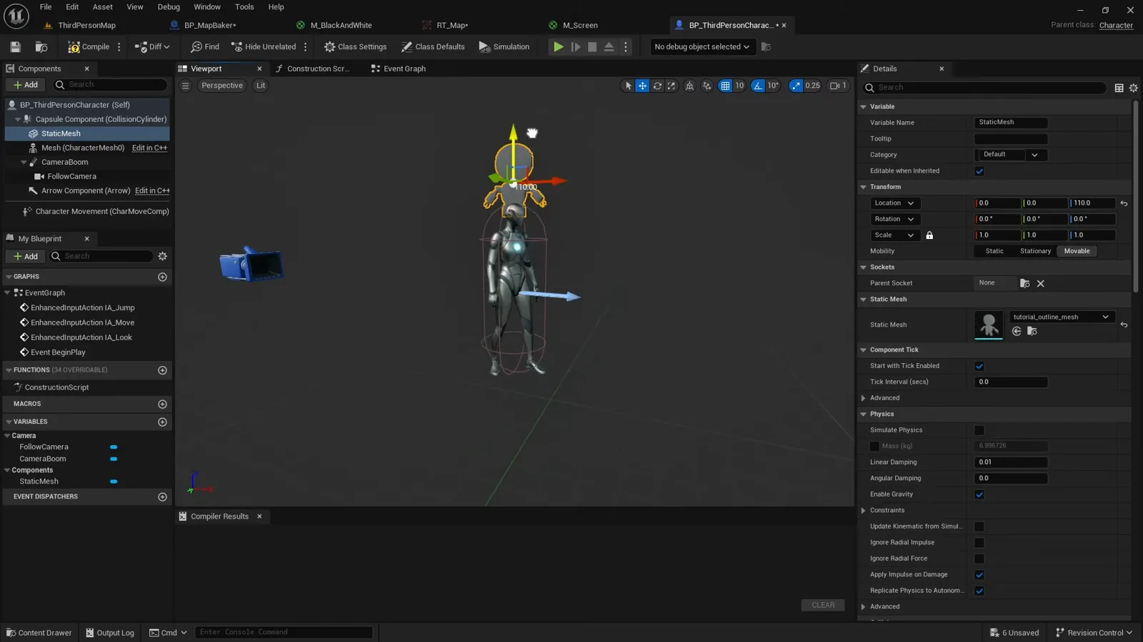 A small marker mesh placed above the third person character in the Blueprint viewport