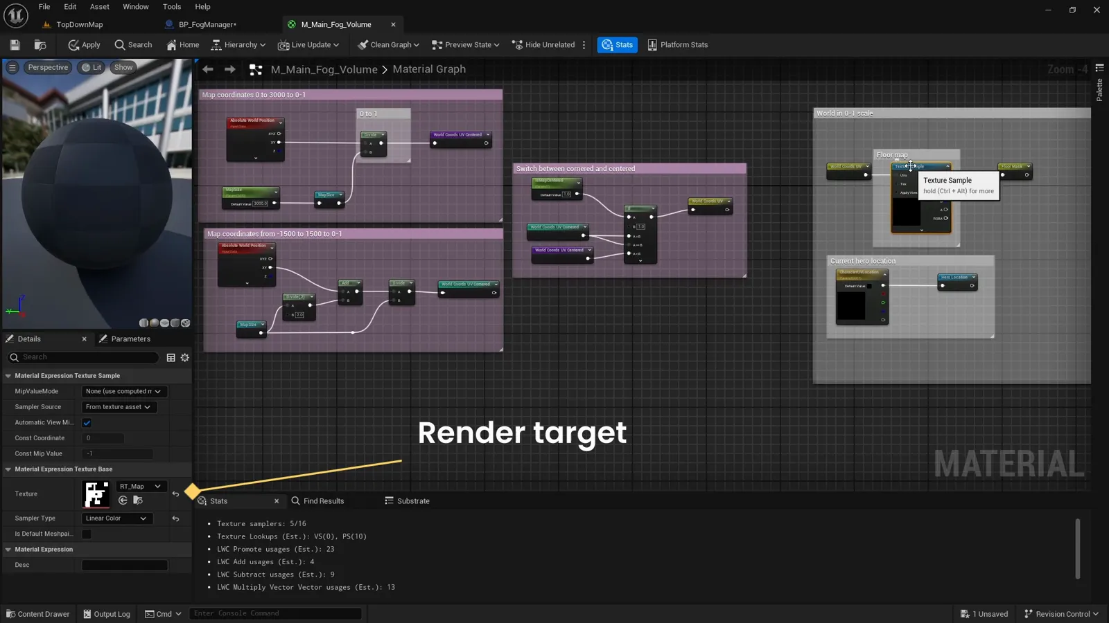 A Texture Sample node reading the walkable mask in the material graph