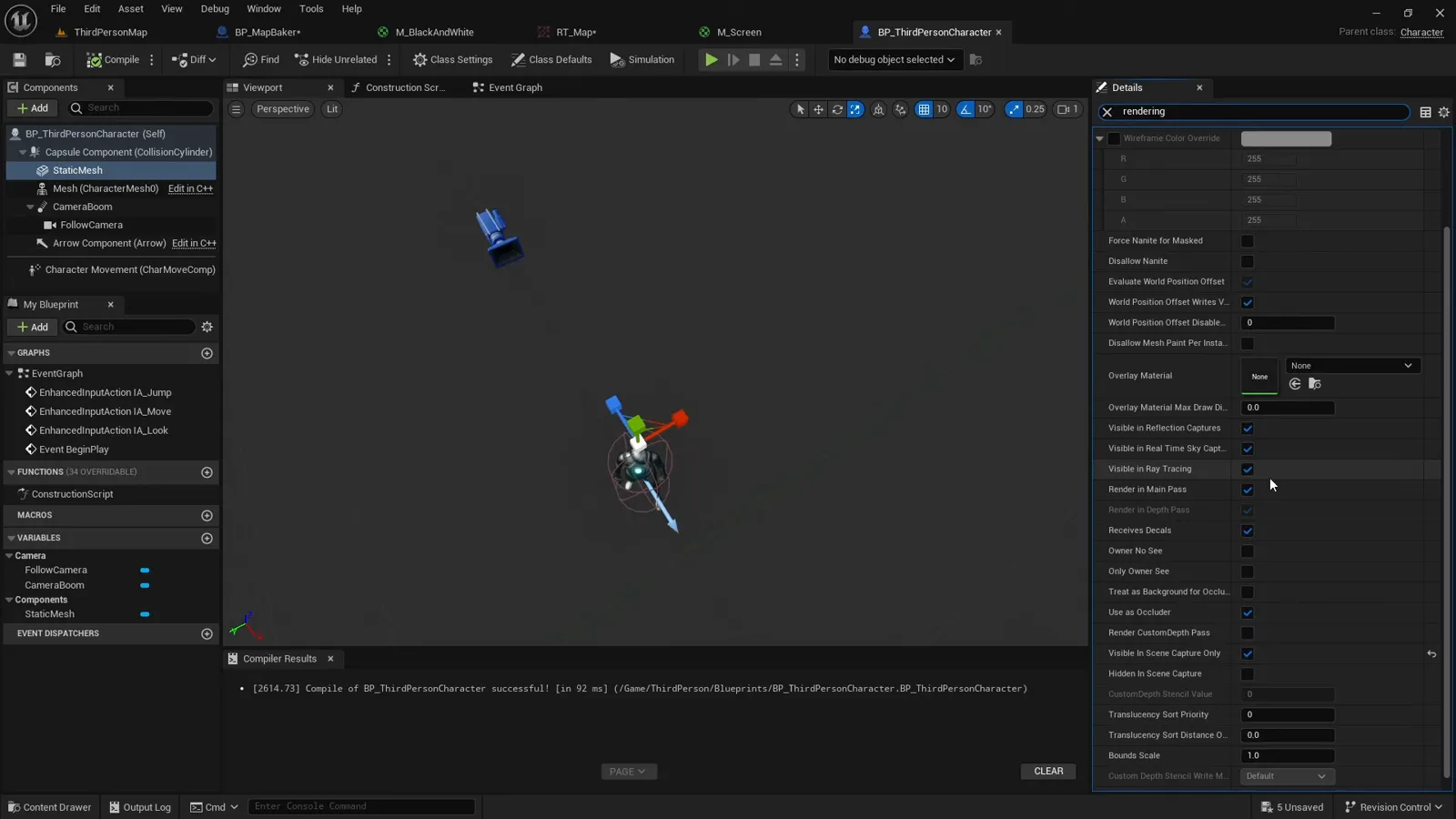The character marker mesh rendering properties with render custom depth pass enabled and a custom depth stencil value of 1