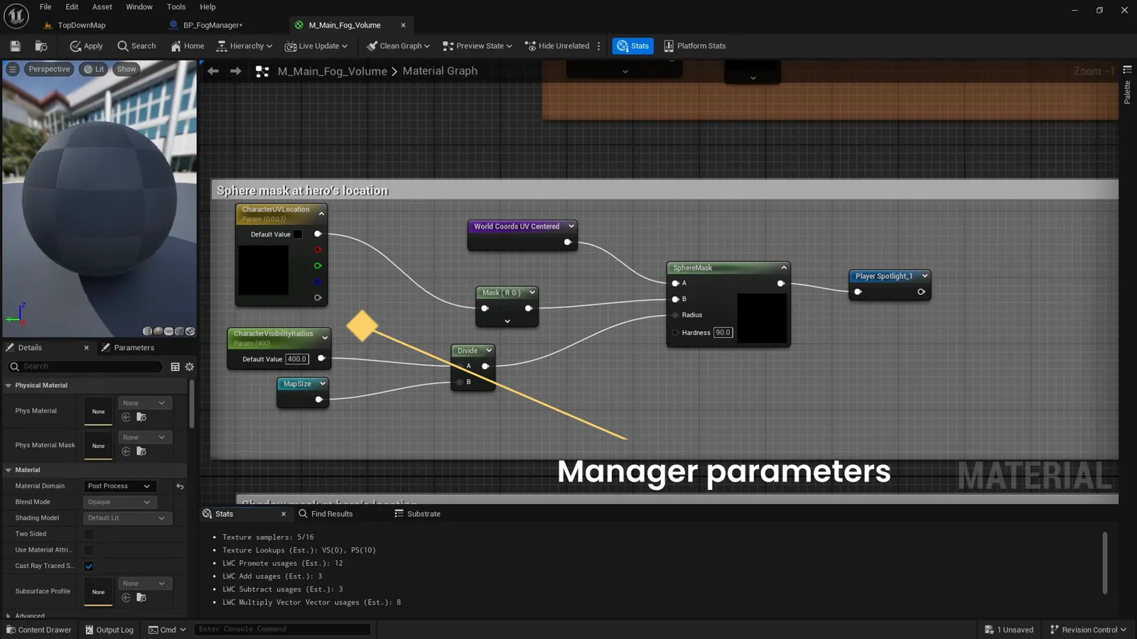 The player spotlight nodes reading the manager parameters to draw a white sphere at the player