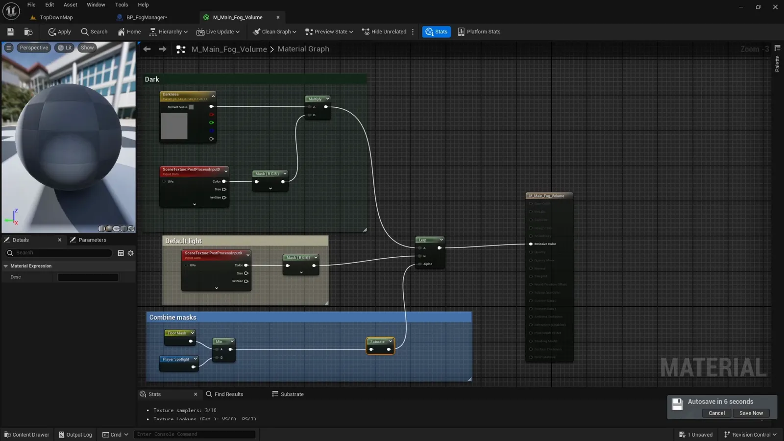 A min node combining the floor mask and the player spotlight in the material graph