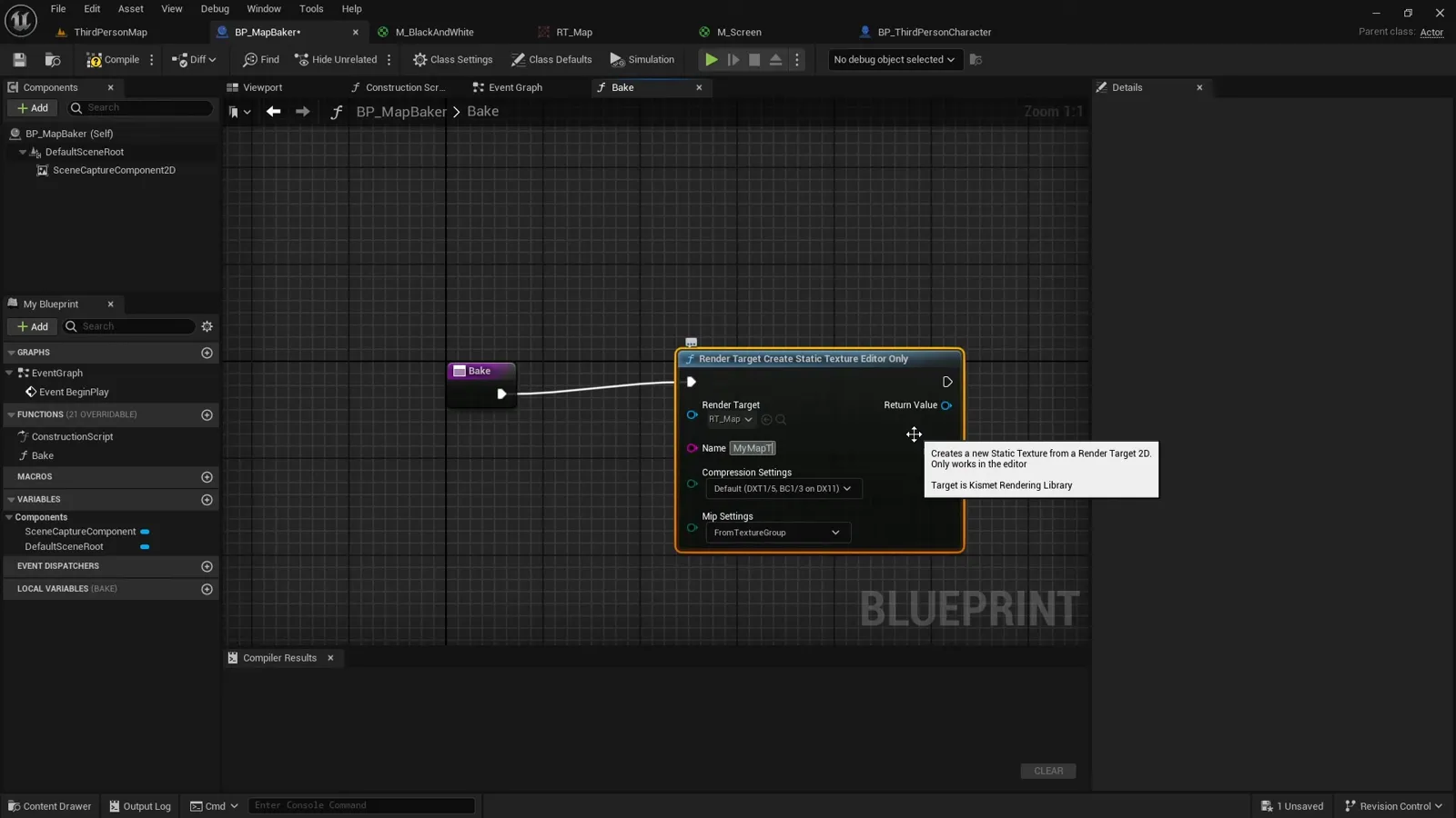 The bake function calling render target create static texture editor only, with compression set to masks