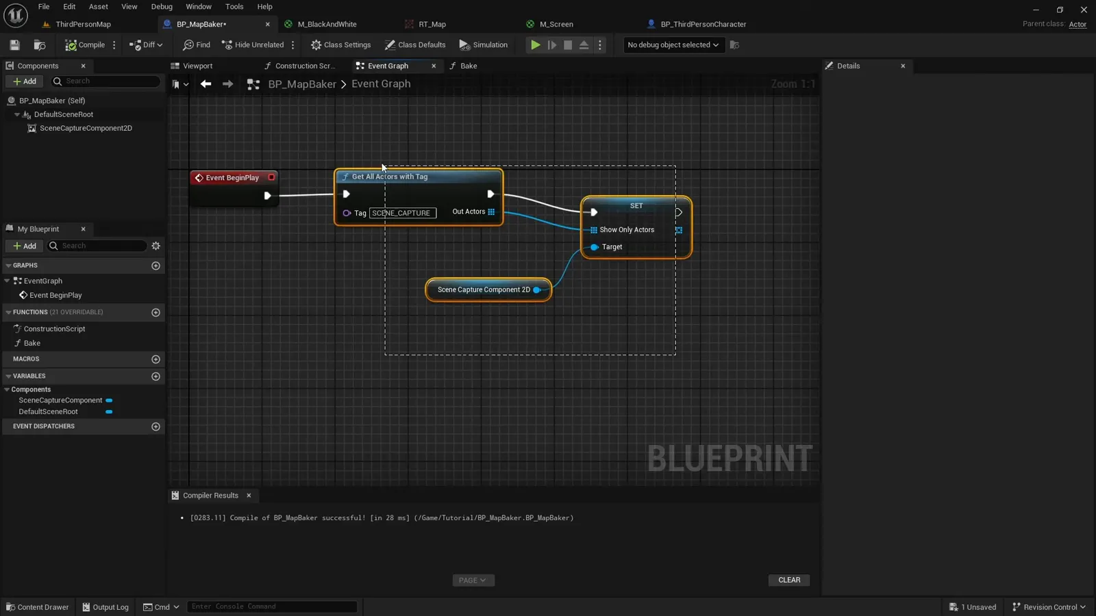 The construction script populating the scene capture show only list so baking works without running the game