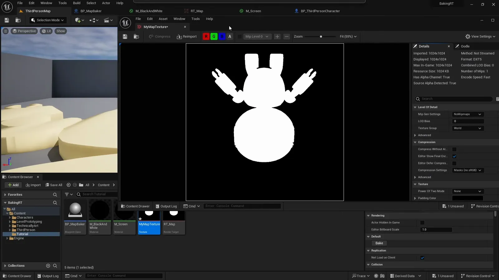 The exported static texture in the Unreal texture editor showing the baked robot silhouette mask, now right side up