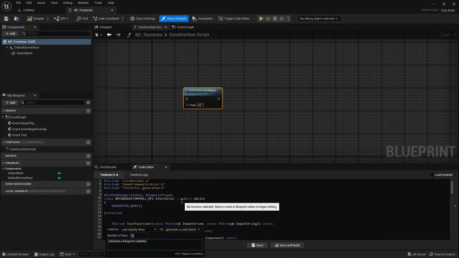 The AI query window open in the code editor, ready to generate a Blueprint-callable C++ function