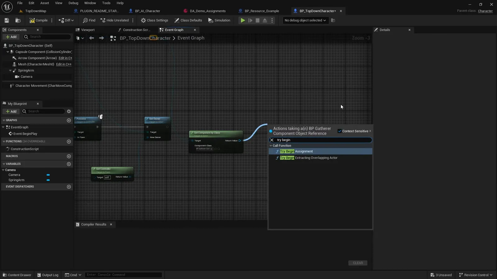 The player Blueprint calling Begin Assignment on the Gatherer component with the wood tag