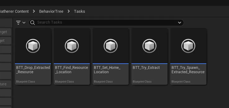 The custom Behavior Tree task blueprints: find resource location, set home location, try extract, try spawn extracted resource, and drop extracted resource
