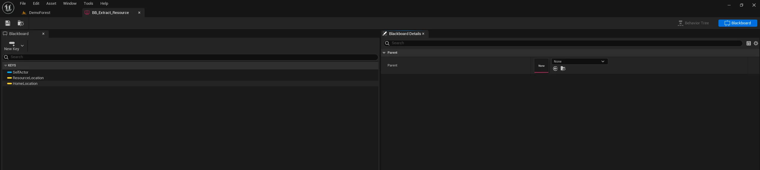 The Behavior Tree blackboard with three keys: SelfActor, ResourceLocation, and HomeLocation