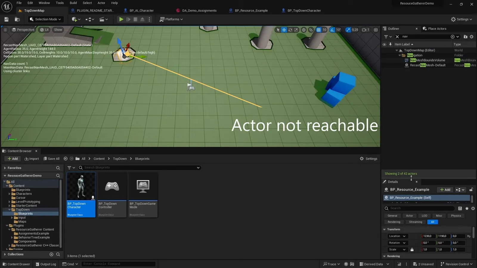 The Unreal viewport showing a green NavMesh and the Can Ever Affect Navigation setting that must be disabled on the resource mesh
