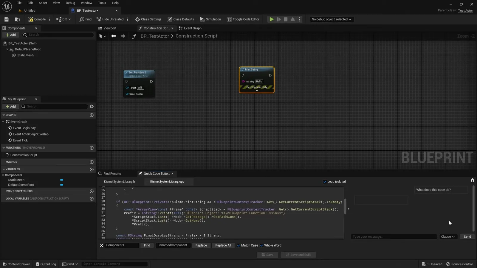 The docked code editor showing the C++ behind a selected node, with the AI assistant ready to explain it