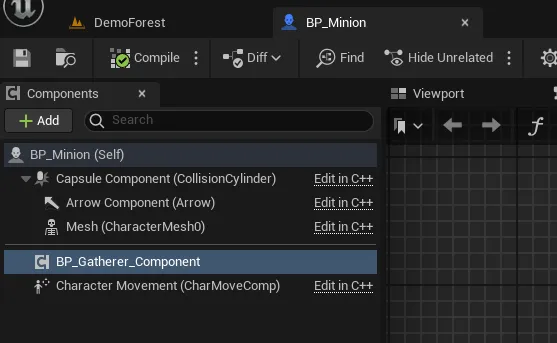 The minion's component list in Unreal Engine: a capsule, arrow, mesh, the BP_Gatherer_Component, and character movement
