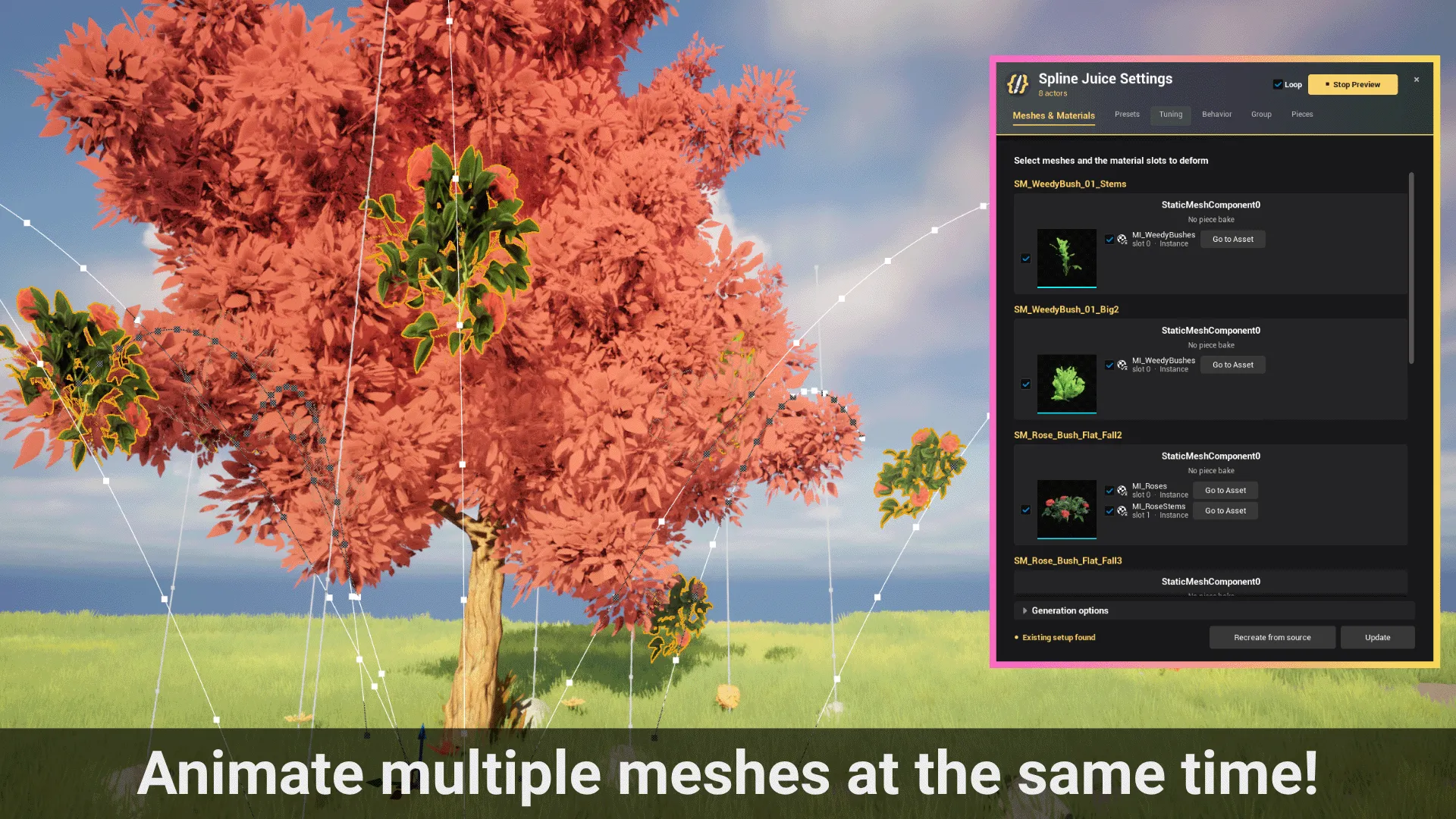 A red tree with spline handles beside the Spline Juice Meshes and Materials panel, selecting multiple meshes and material slots to deform at once