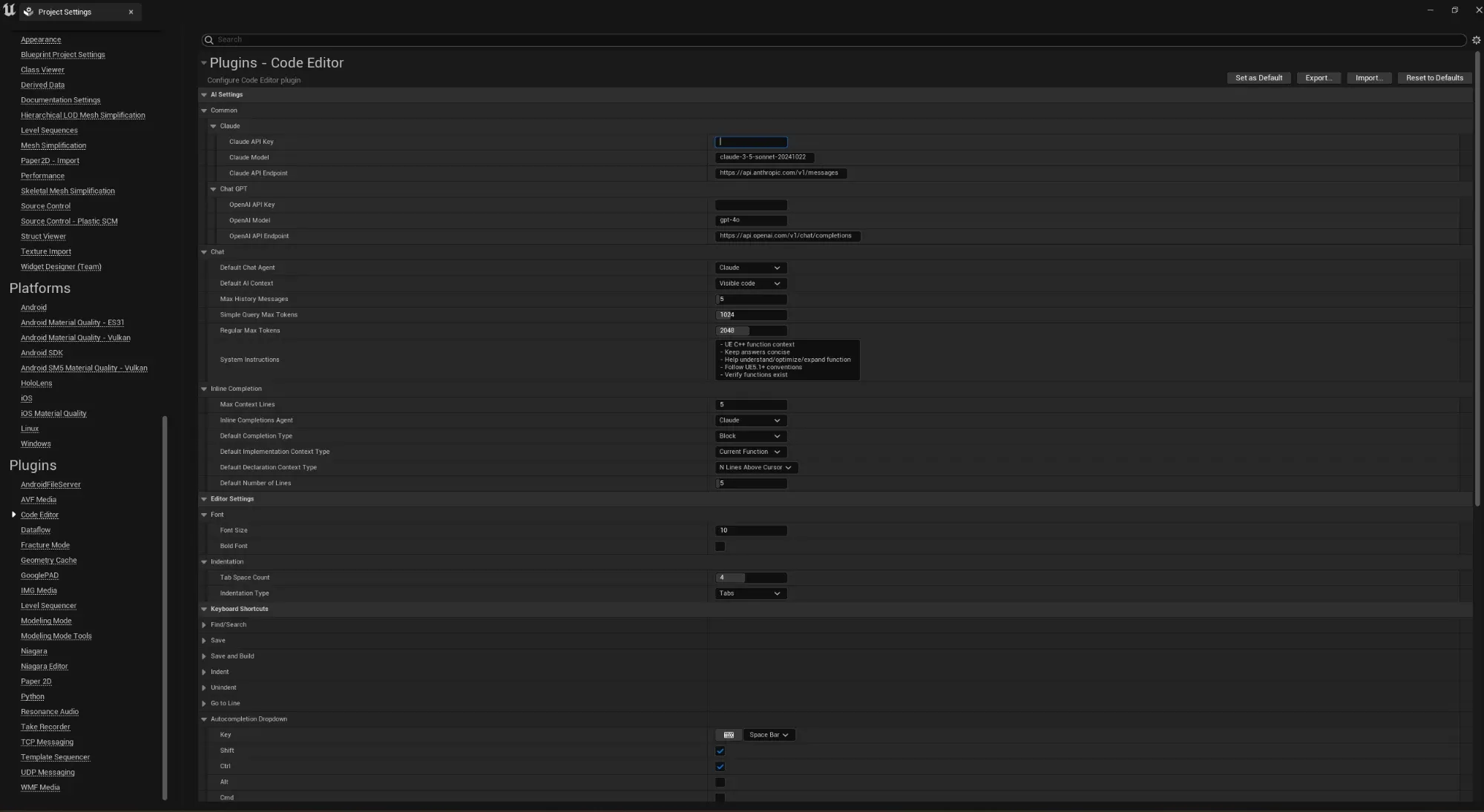 The inline completion settings in Project Settings, showing Max Context Lines, the inline completion provider, default completion type Block, default implementation context type Current Function, default declaration context type N Lines Above Cursor, and default number of lines