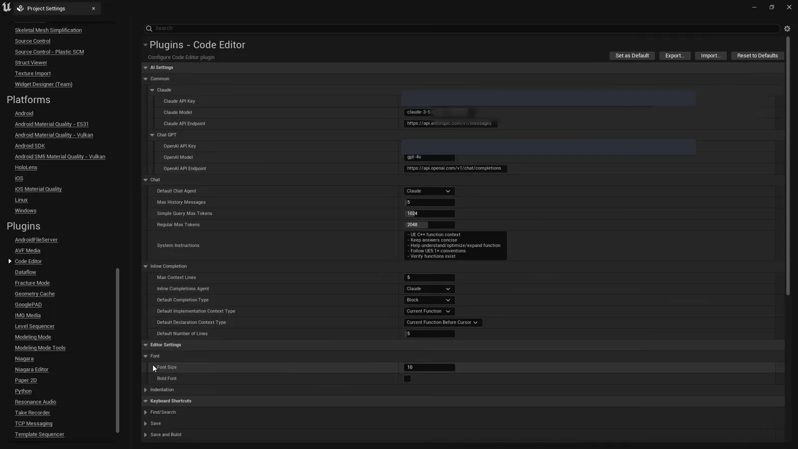 The plugin settings in Unreal: Claude and ChatGPT providers, model selection, and inline completion defaults