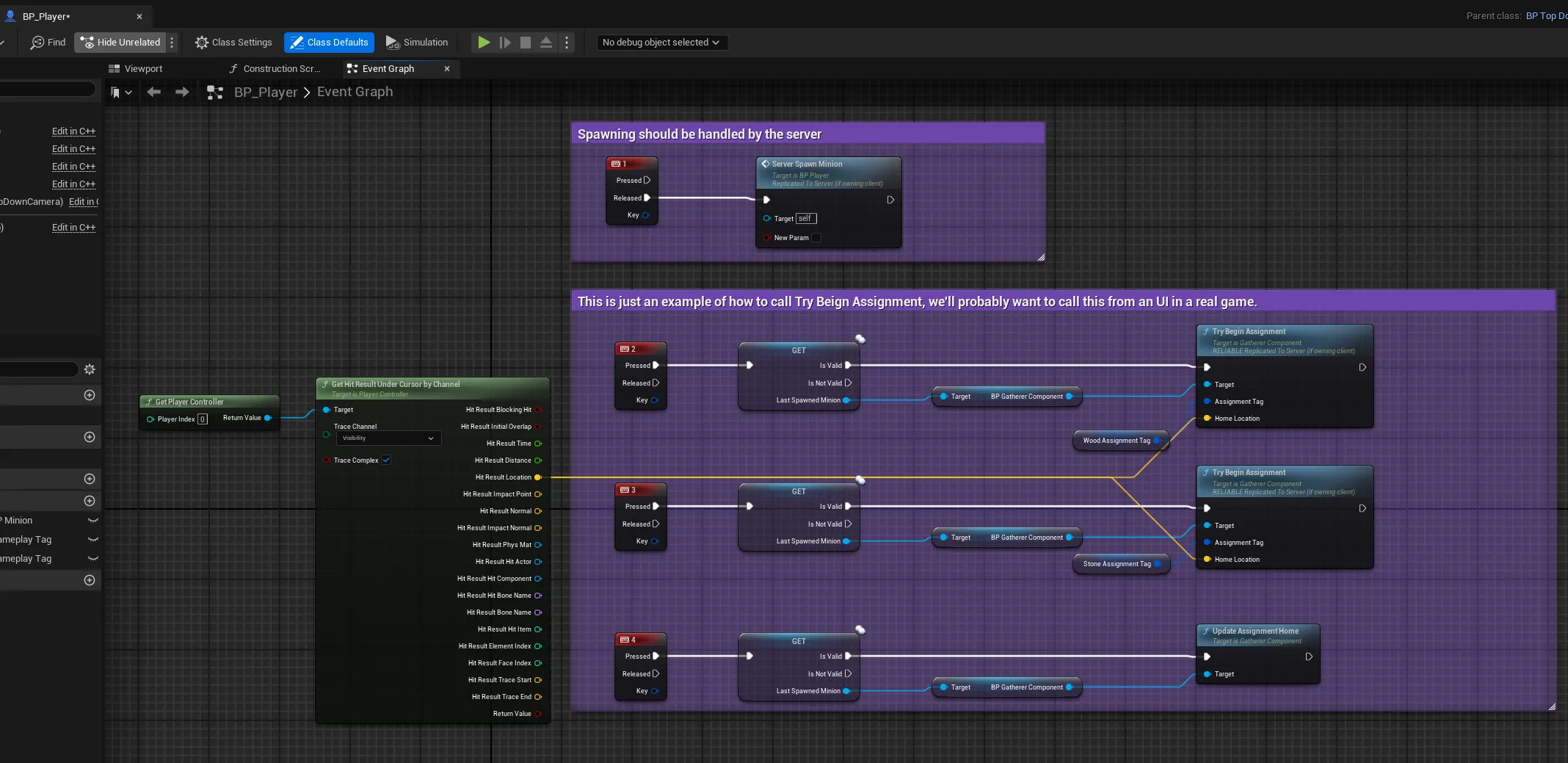 A player Blueprint with a note that spawning should be handled by the server, calling Try Begin Assignment as an example