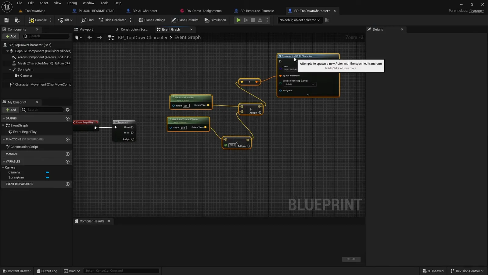 A player Blueprint spawning the minion and an AI controller to possess it